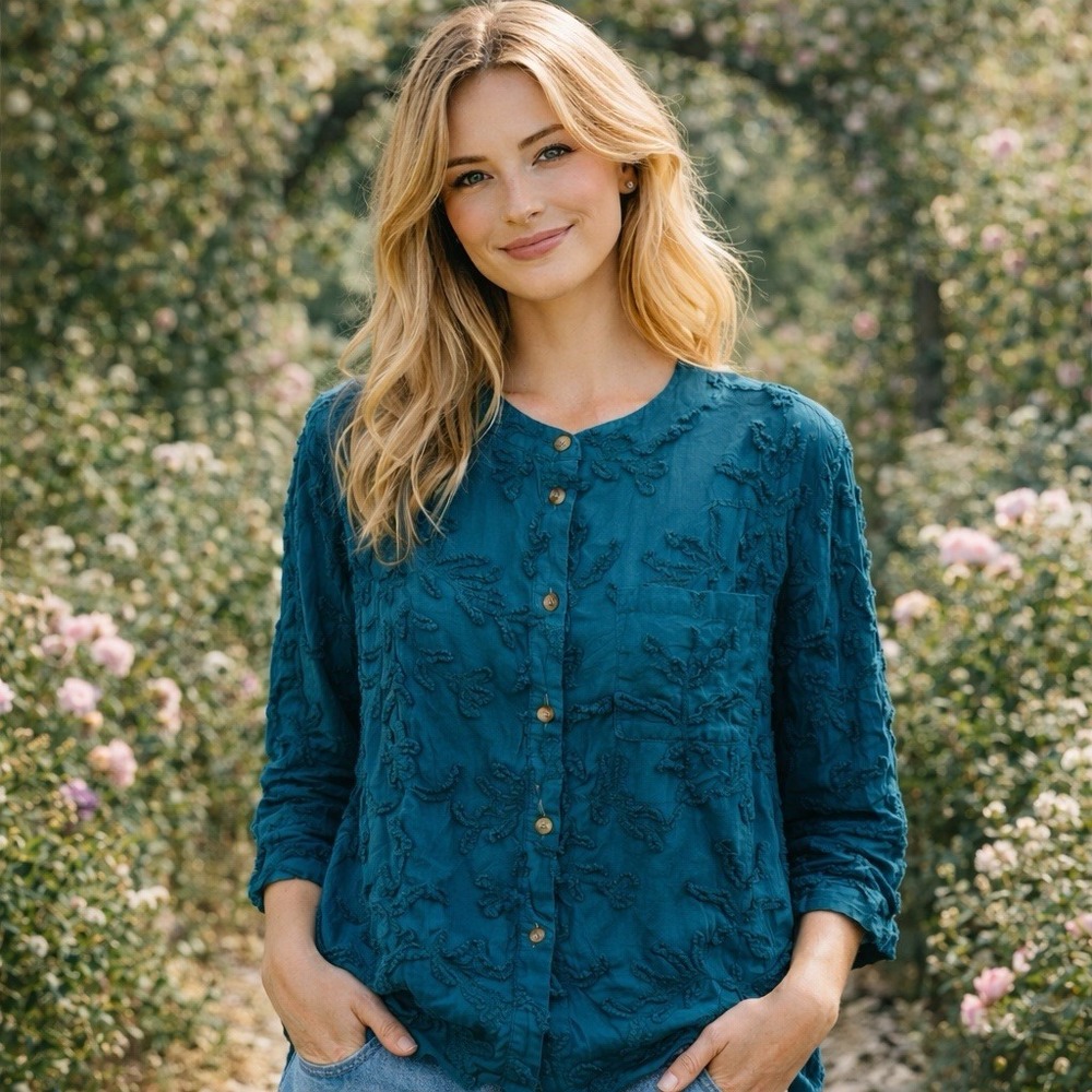 Pilcro The Whitney Textured Button-down Top Teal Oversized Trapeze Boho S